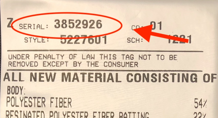 Furniture tag with serial number and other info